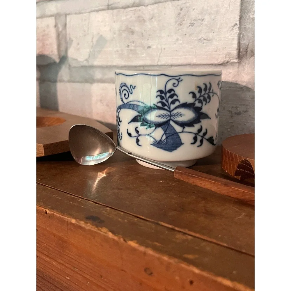 Blue Danube Blue Onion Ceramic Jars blue floral patterns, wooden lid/spoon/tray